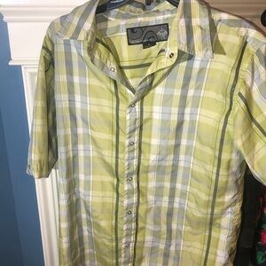 Prana Light green gray and white men’s large‎ shirt snaps short sleeve